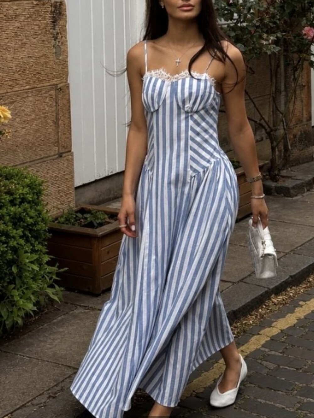 Commense Maxi Dress Lace Trim Cotton Cami Corset Striped Fit Flare S NWT